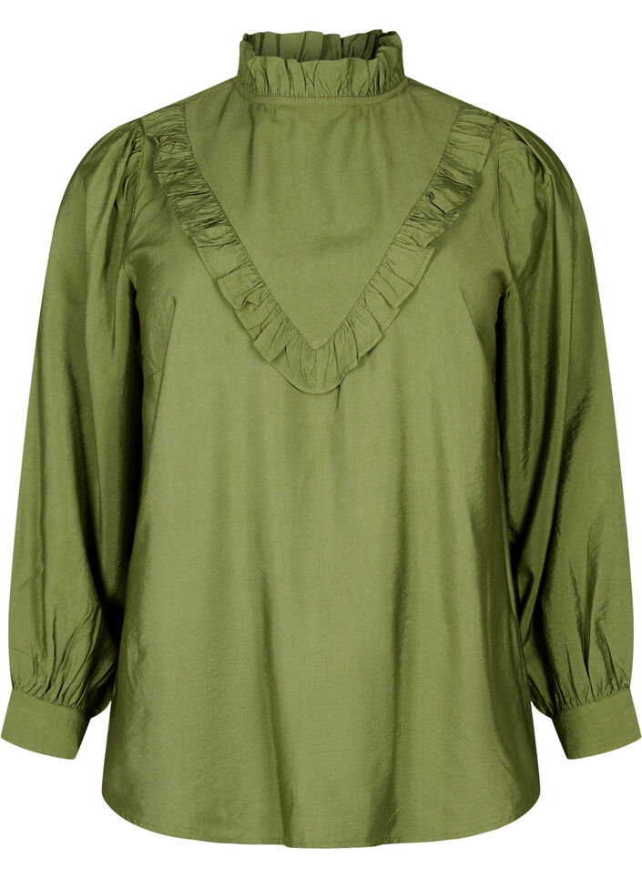 Bluse i viskose med volanger, Loden Green, Packshot image number 0
