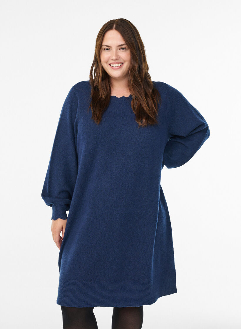 Kort strikket kjole med b&oslash;lget fold og splitt, Bl&aring;, Model image number 0