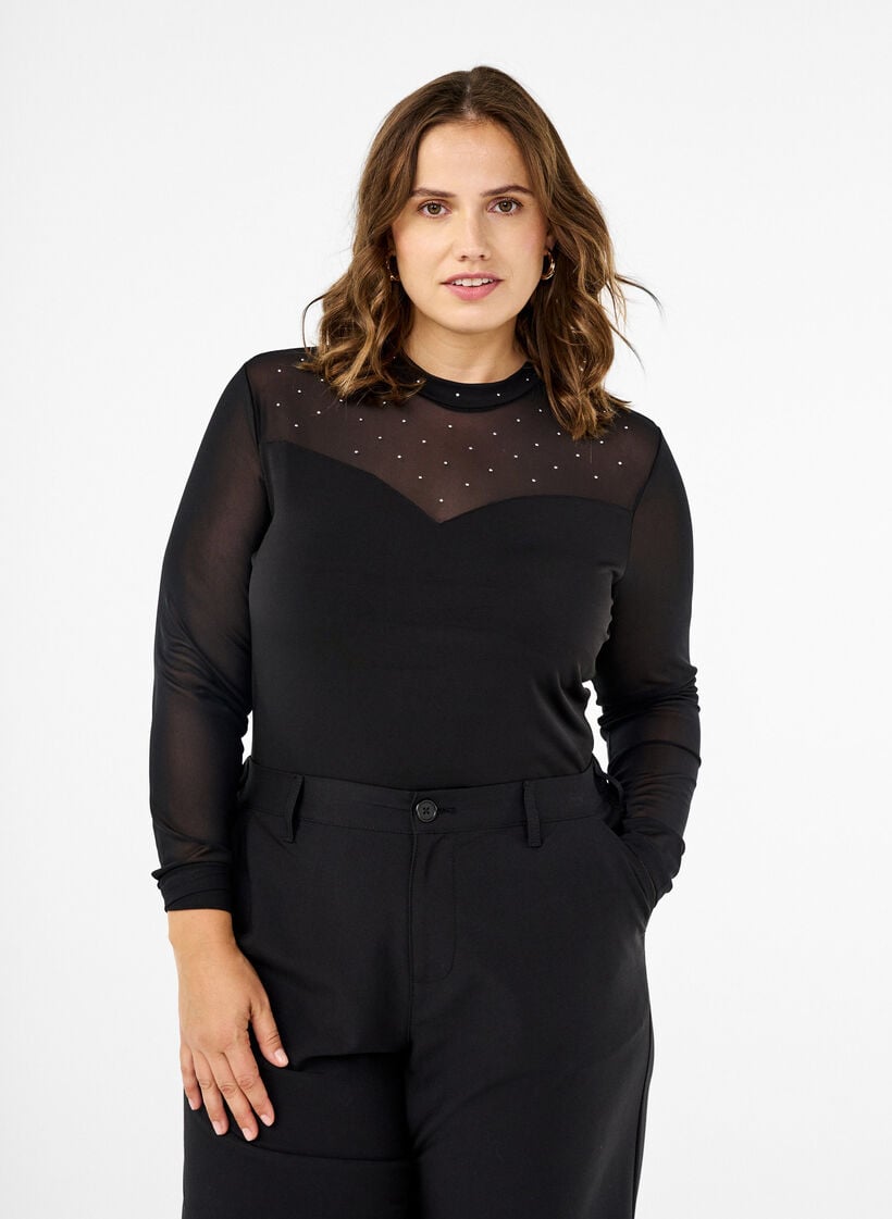 Bodystocking med nagler og lange ermer i mesh, Black, Model image number 0