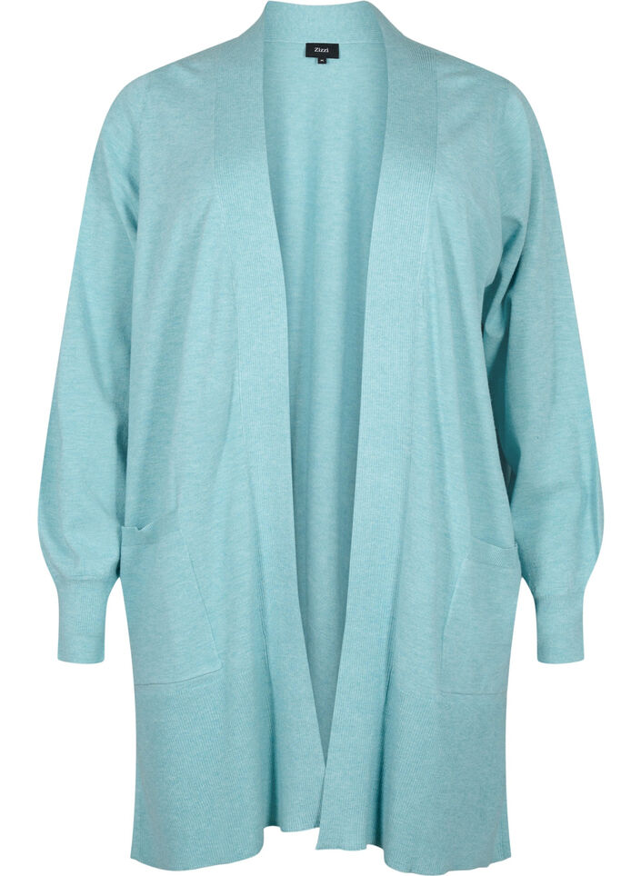 Lang strikket cardigan med lommer, Reef Waters Mel., Packshot image number 0