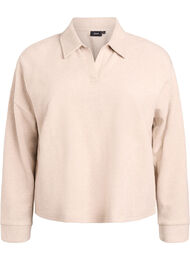 Jerseybluse med krage og V-hals, Brown Mélange