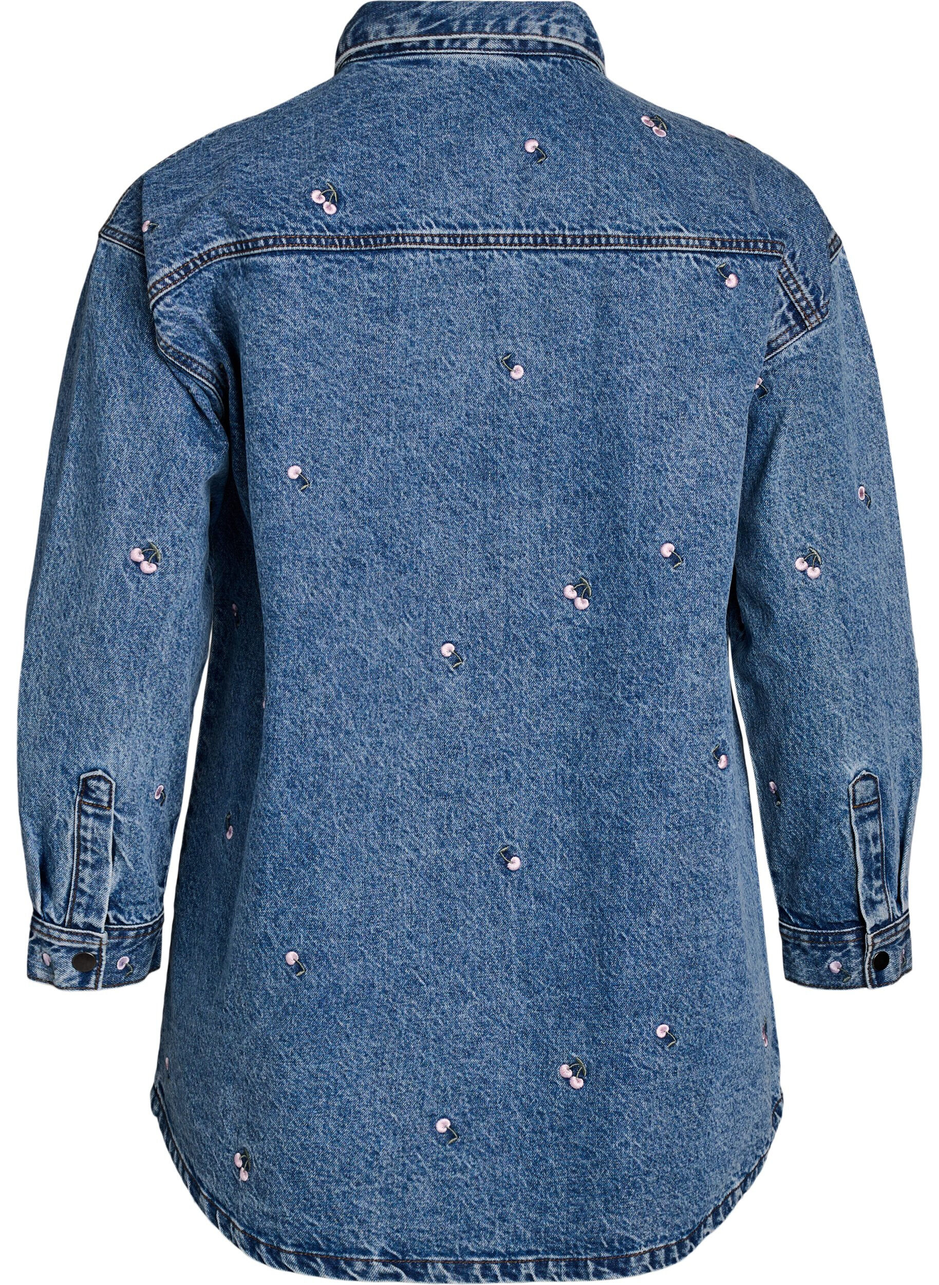 Zizzi Denimskjorte med broderte motiver, Bl&aring;, Packshot image number 1