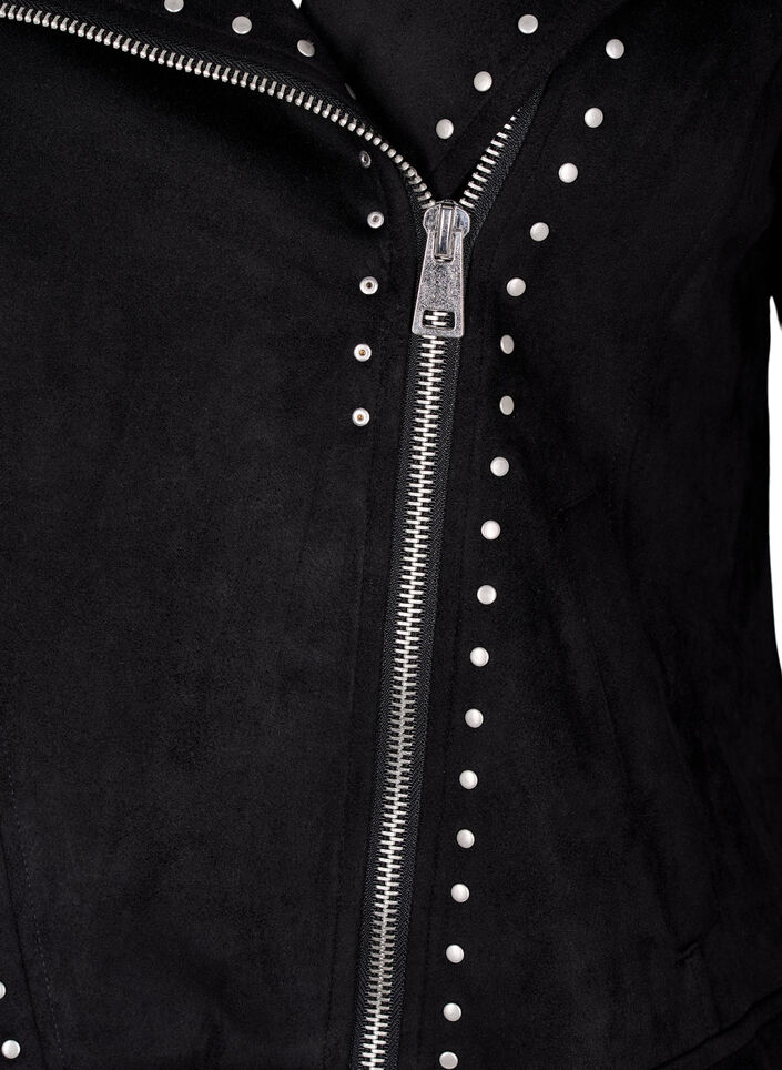 Imitert semsket skinn bikerjakke med nagler, Black, Packshot