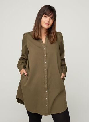 Lang bomullsskjorte med puffermer, Ivy Green, Model image number 0