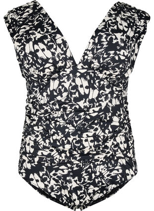 Zizzi Mønstret badedrakt med dyp V-hals, Svart, Packshot image number 0