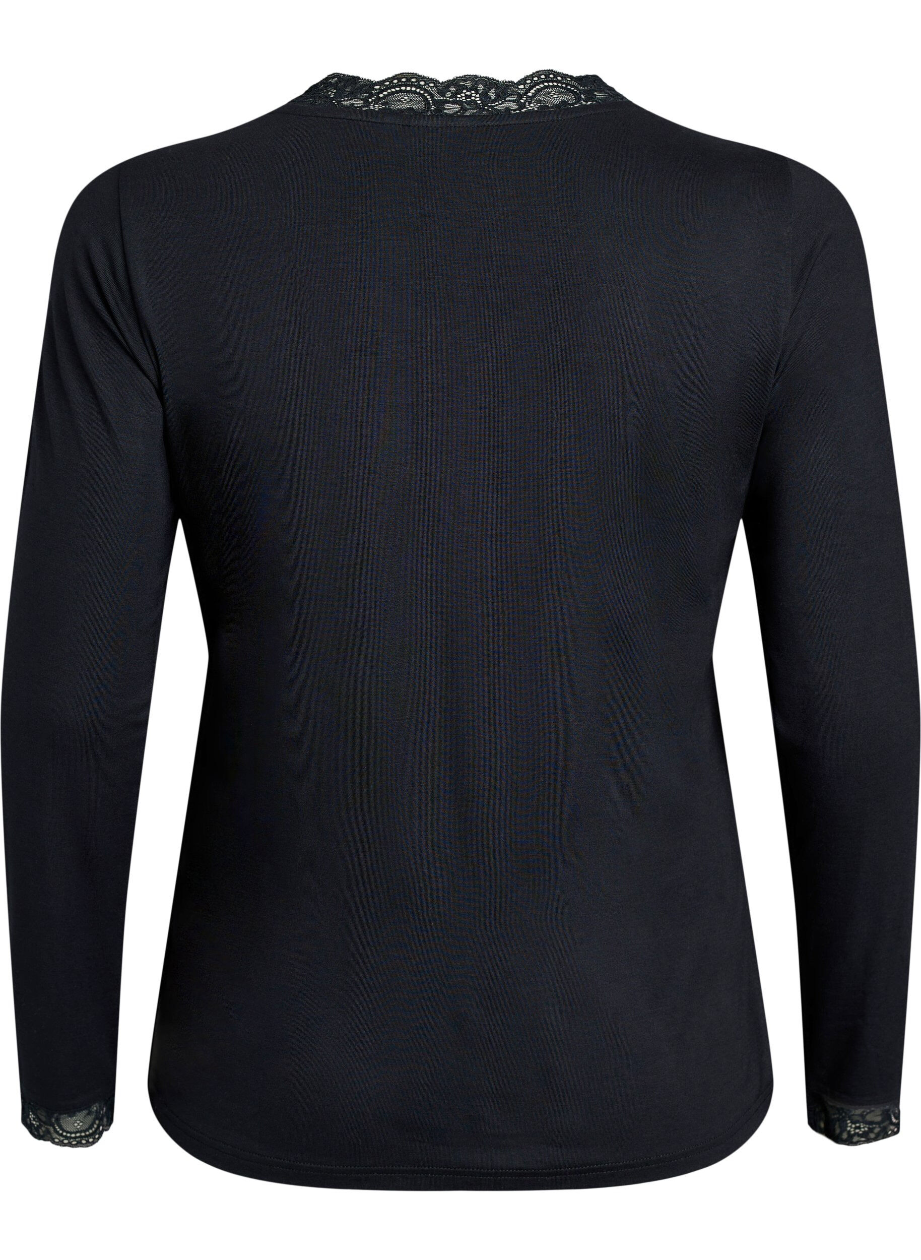ZizziViskose bluse med blonder og V-hals, Svart, Packshot image number 1