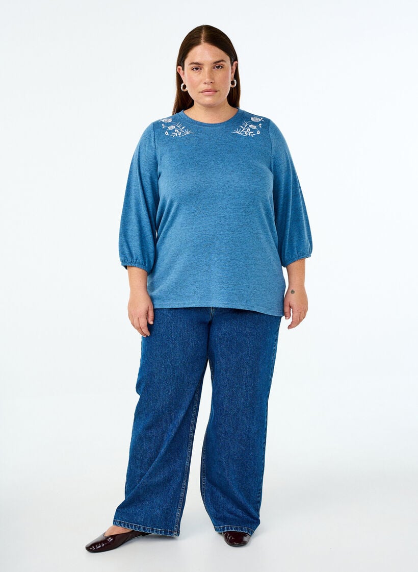 Bluse med blomsterbroderi og 3/4 ermer, Copen Blue Melange, Model image number 2