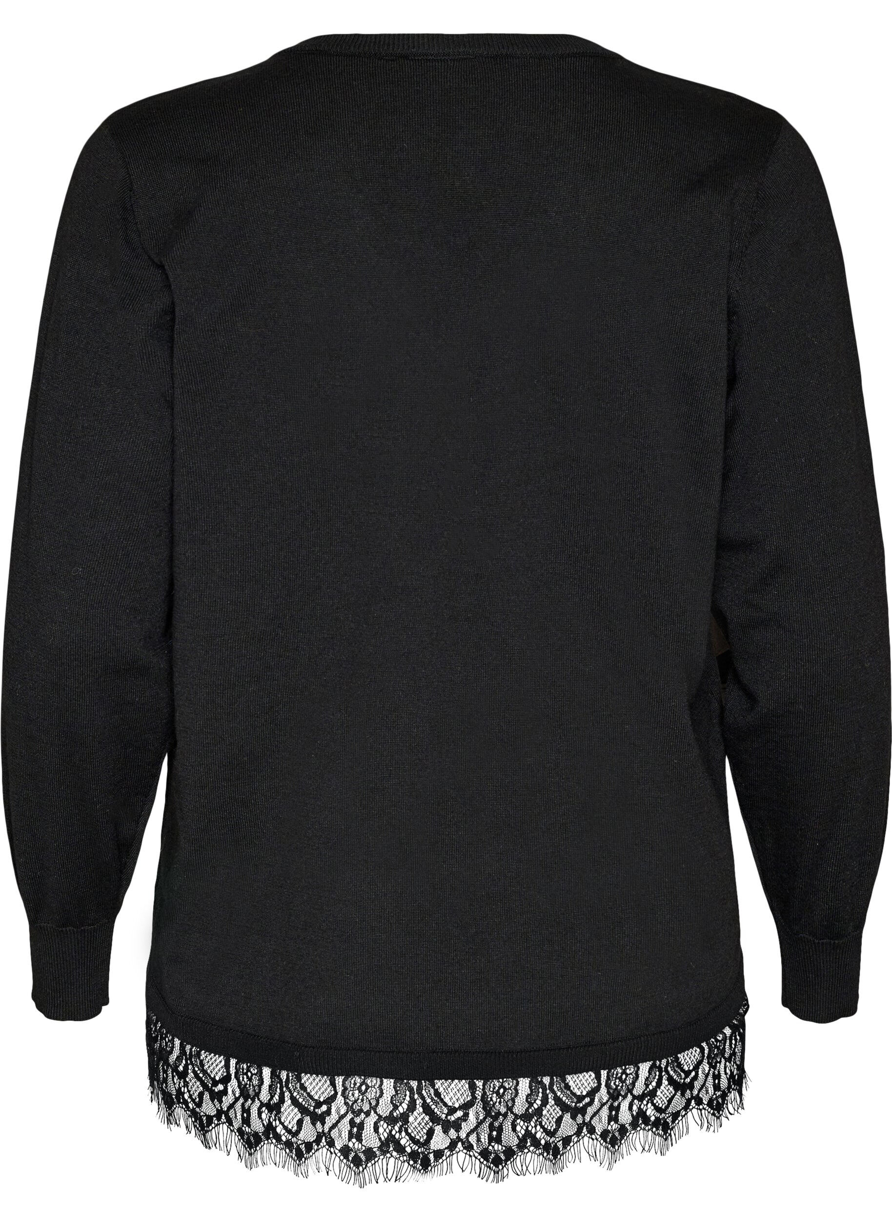 ZizziStrikkebluse med V-hals og blondekant, Svart, Packshot image number 1