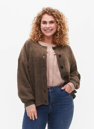 Strikket ribbestrikket cardigan med knapper, Brown Mel., Model