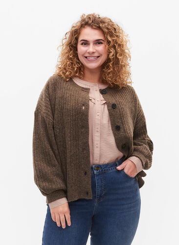 Strikket ribbestrikket cardigan med knapper, Brown Mel., Model image number 0