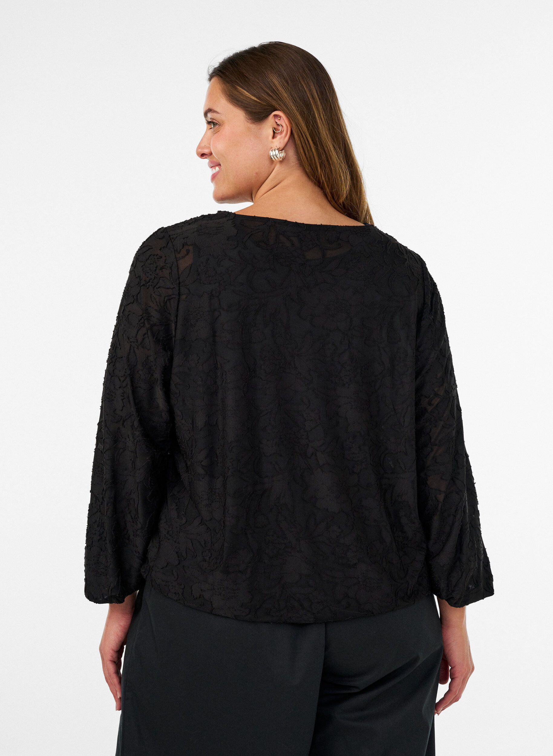 ZizziGjennomsiktig bluse med blomstertekstur og lange ermer, Svart, Model image number 2