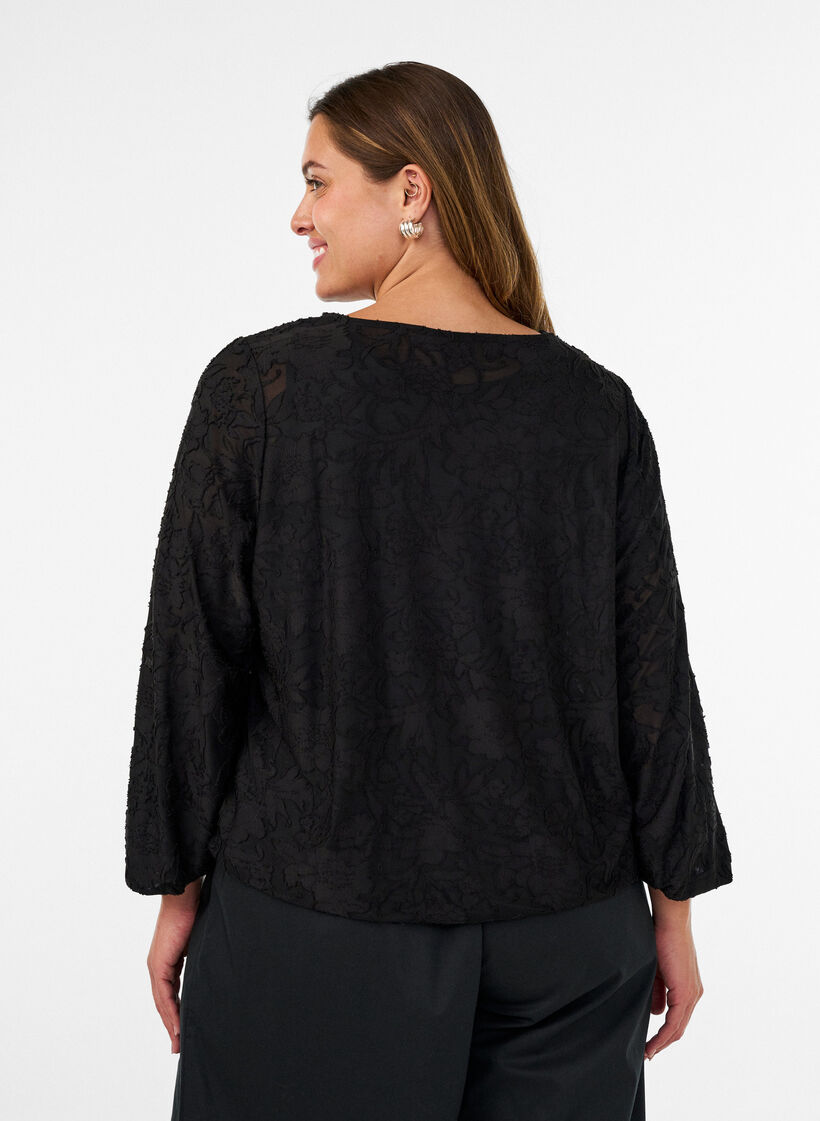 Gjennomsiktig bluse med blomstertekstur og lange ermer, Svart, Model image number 2