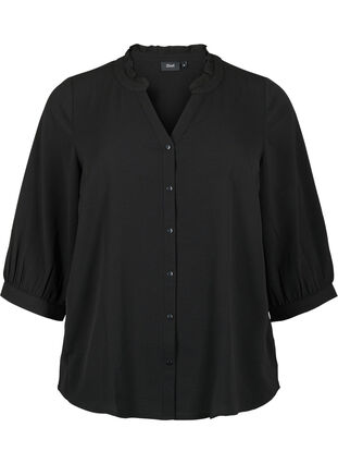 Skjortebluse med 3/4-ermer og volangkrage, Black, Packshot image number 0