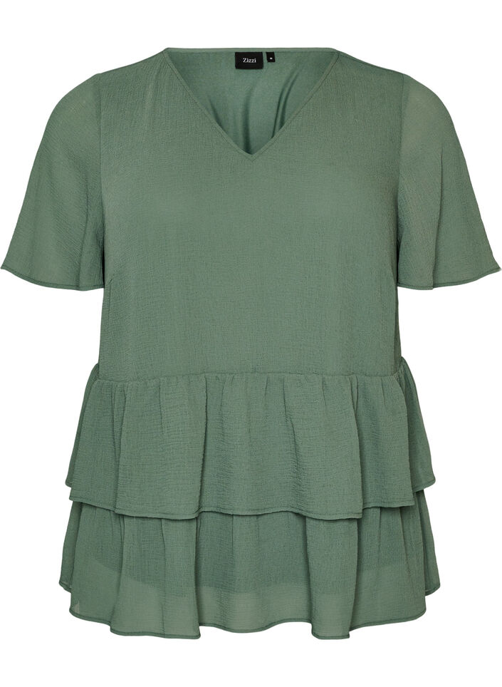 Bluse med V-hals og volanger, Gr&oslash;nn, Packshot image number 0