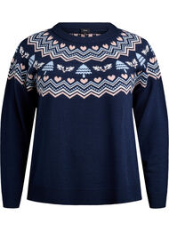 Strikkebluse med jacquardmønster og julemotiver, Blå