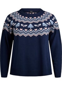 Strikkebluse med jacquardmønster og julemotiver, Blå Strikkebluse med jacquardmønster og julemotiver