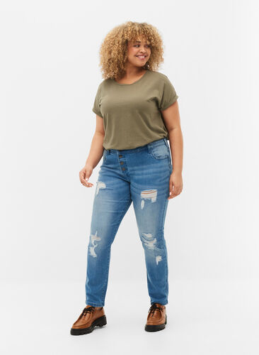 Ripped Emily jeans med normal høyde i livet, Blue denim, Model image number 0