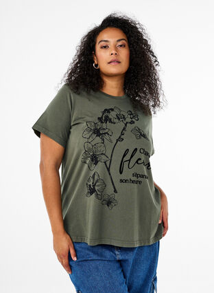 Zizzi T-skjorte med trykk i økologisk bomull, Grønn, Model image number 0