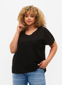 Kortermet bluse i bomullsblanding med lin, Black, Model