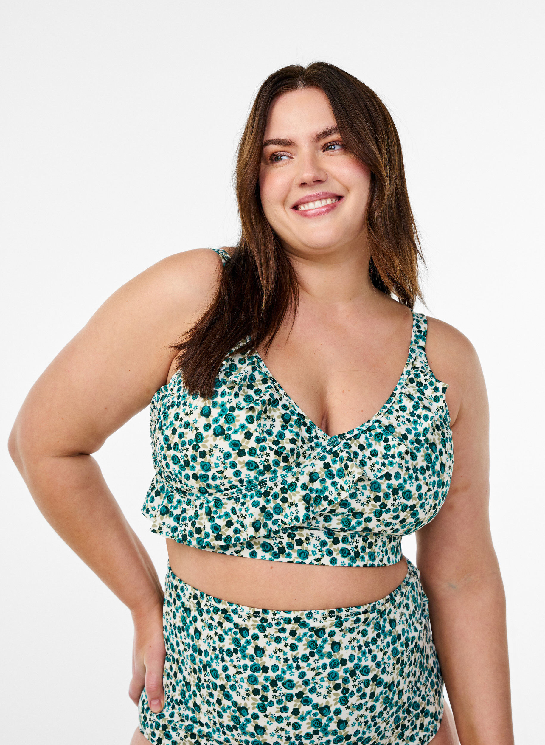 ZizziBlomstrete bikinioverdel med volangdetaljer, Gr&oslash;nn, Model image number 0