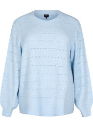 Strikket bluse med rund hals og hulmønster, Cashmere Blue Mel.
