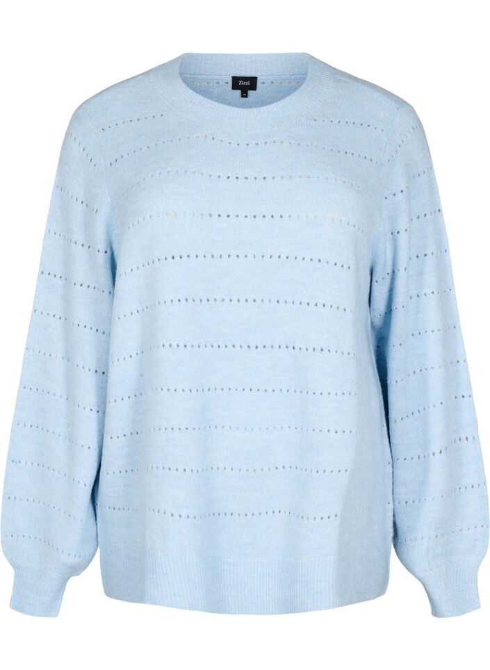 Strikket bluse med rund hals og hulmønster, Cashmere Blue Mel., Packshot image number 0