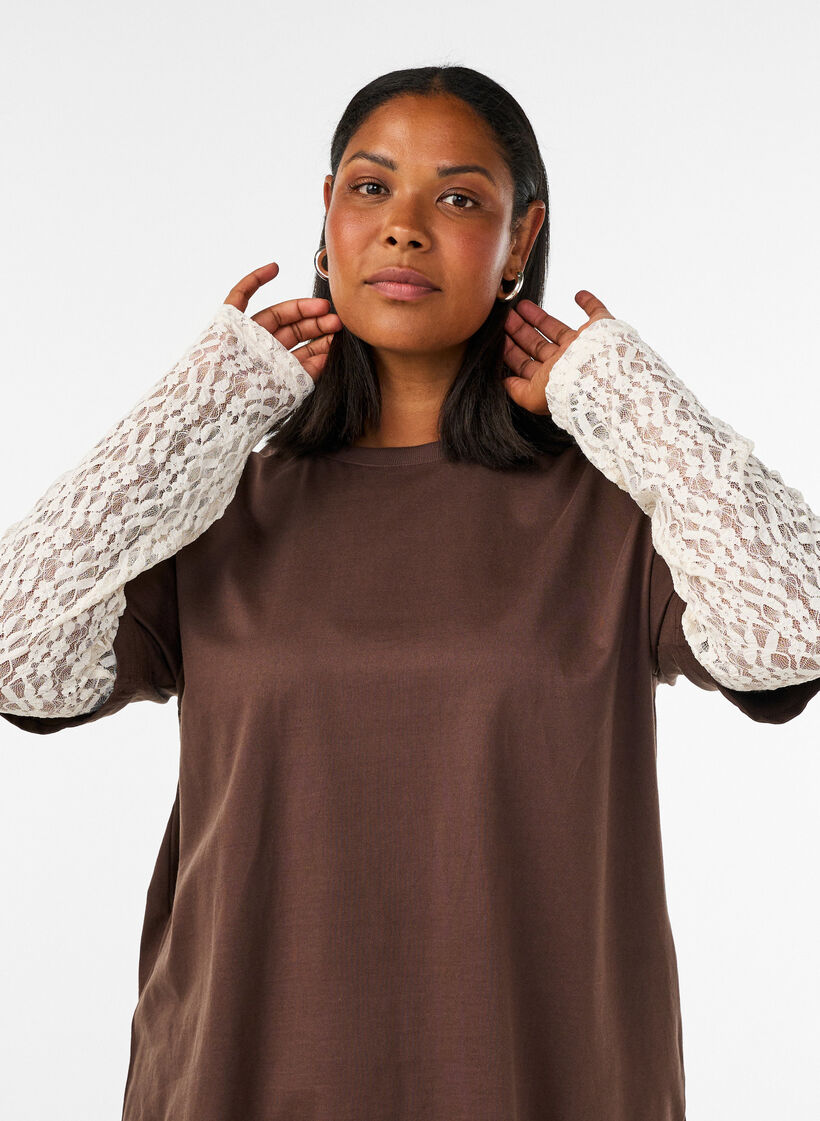 Loose fit T-skjorte med lange blondeermer, Brun, Model image number 3