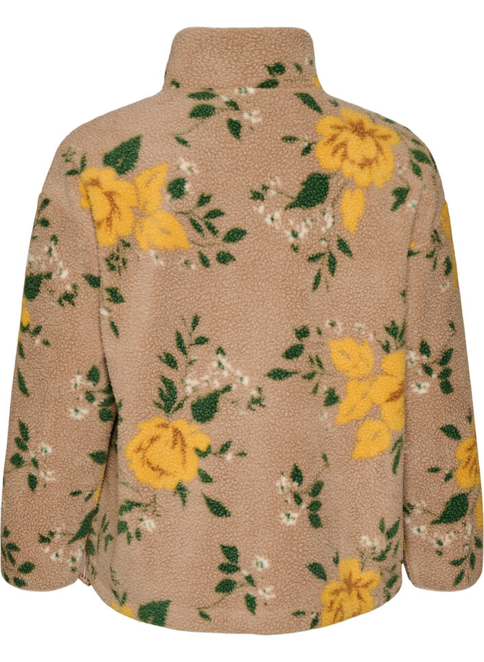 Blomstret fleecejakke med h&oslash;y hals og glidel&aring;s, Beige, Packshot image number 1