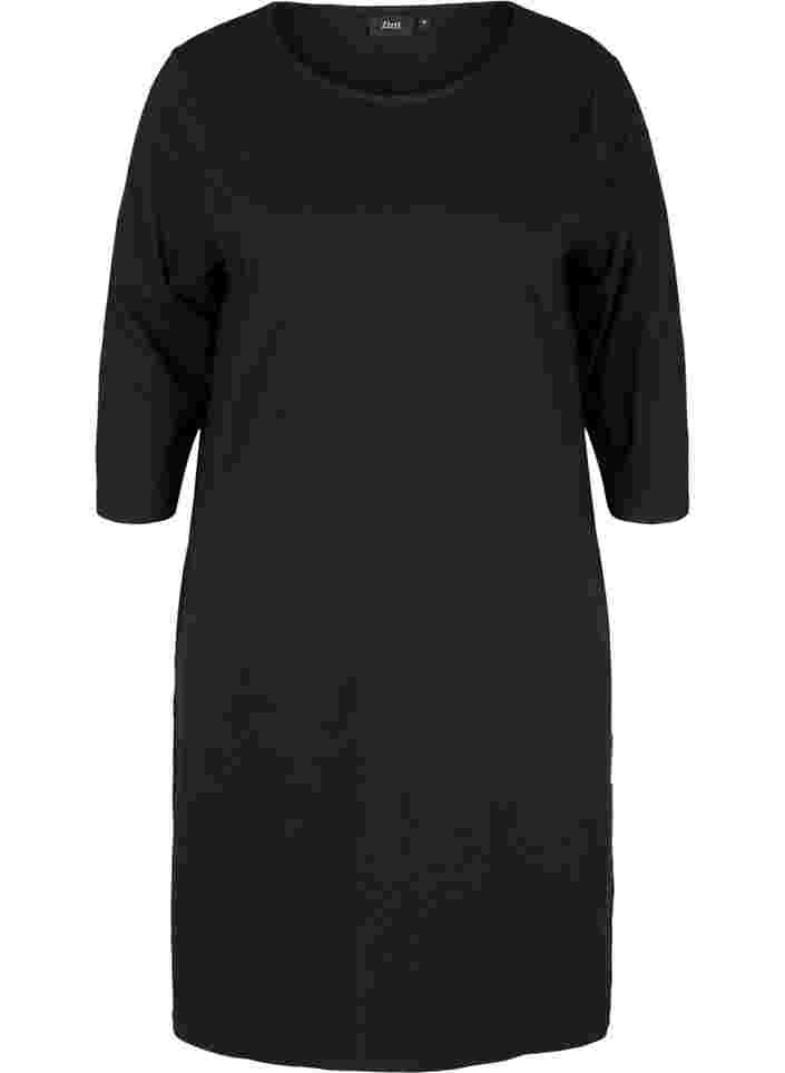 Bomullskjole med 3/4-ermer og lommer, Black, Packshot image number 0