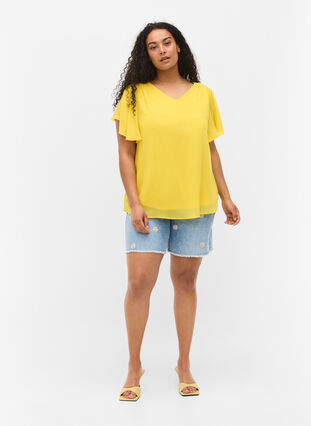 Bluse med korte ermer, Primrose Yellow, Model image number 2