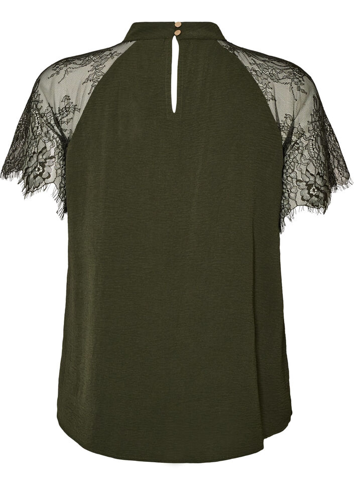 Bluse med korte blondeermer og h&oslash;y hals, Gr&oslash;nn, Packshot image number 1