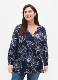 Skjorte i viskose med blomstertrykk og lange ermer, Navy B./Big Fl.AOP, Model