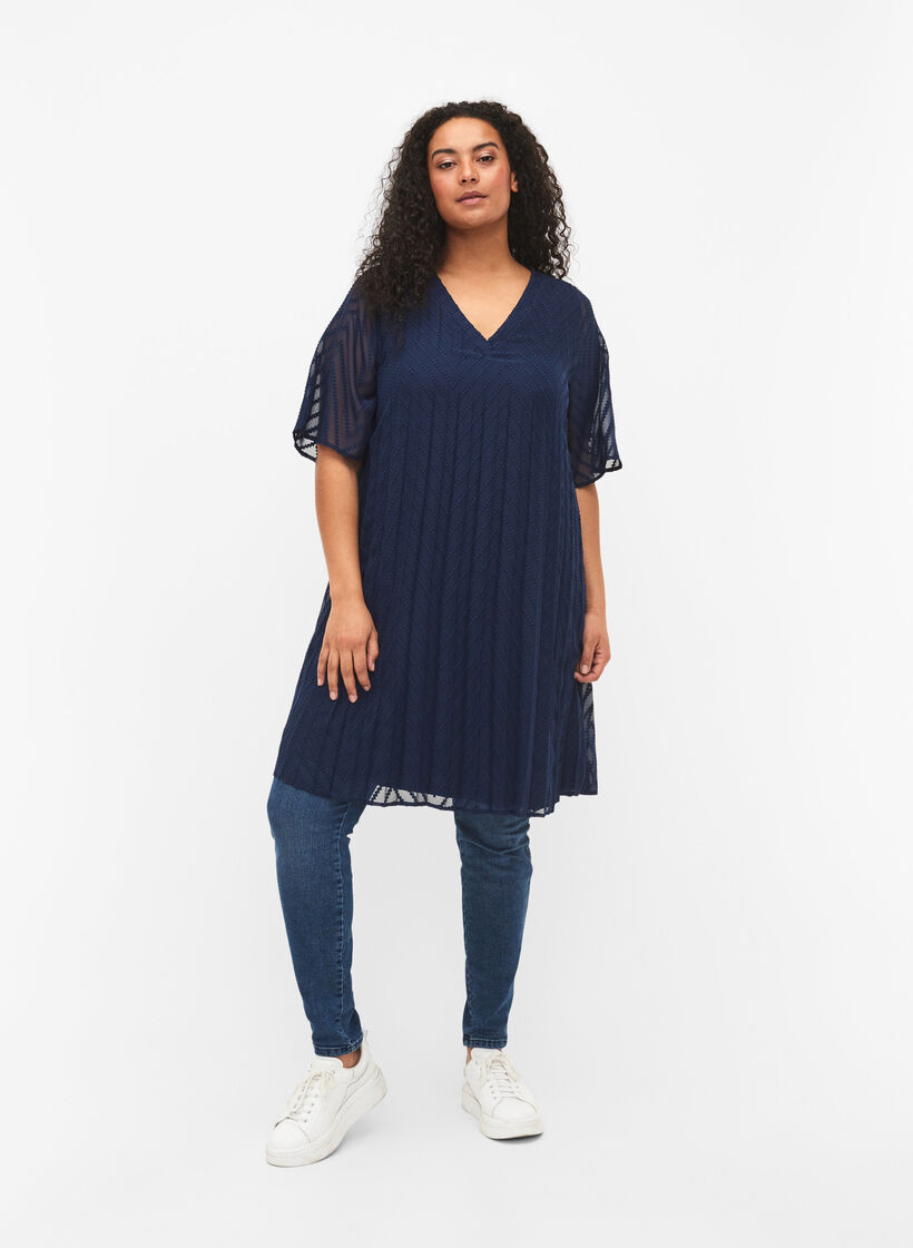 Kjole med korte ermer og struktur, Navy Blazer, Model image number 2