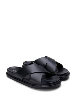 Sandal med bred passform og kryssede remmer, Black, Packshot image number 1