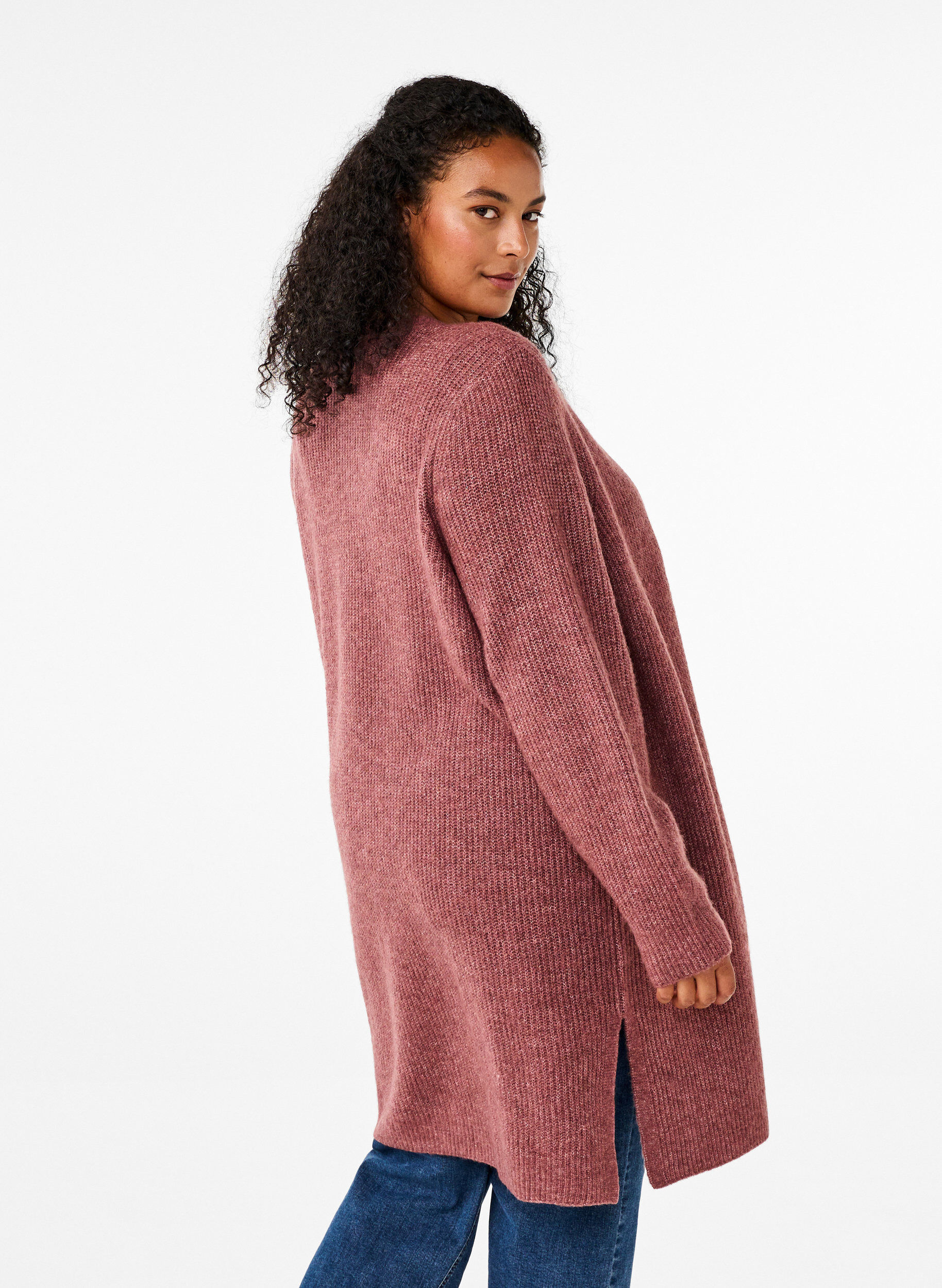 Zizzi FLASH - Ribbestrikket cardigan med splitter, Rose Brown Melange, Model image number 1