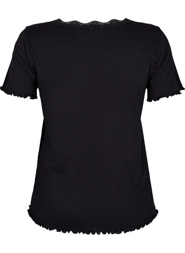 Kortermet pysjamasgenser med blondekant, Black, Packshot image number 1