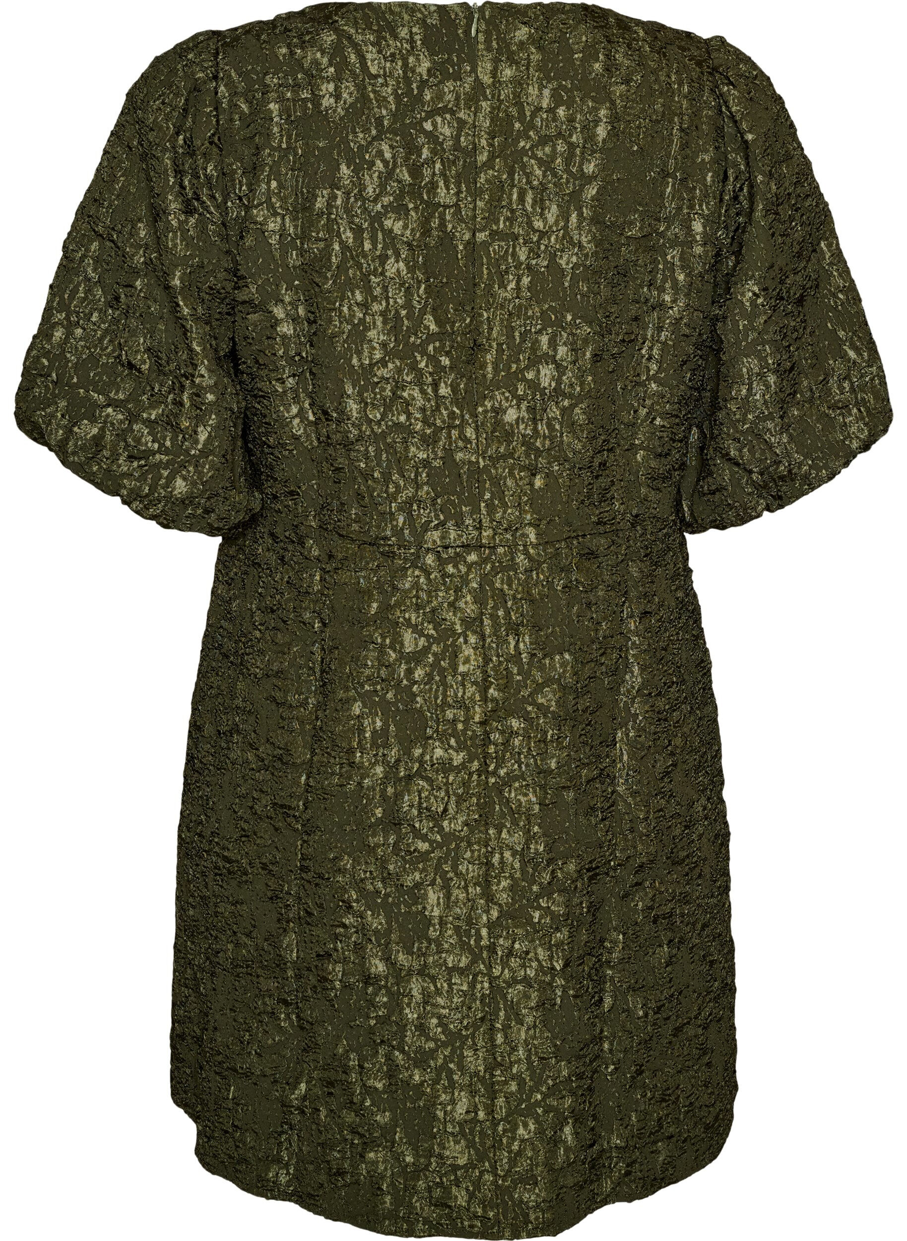 ZizziJacquard kjole med puffermer og A-linje, Gr&oslash;nn, Packshot image number 1