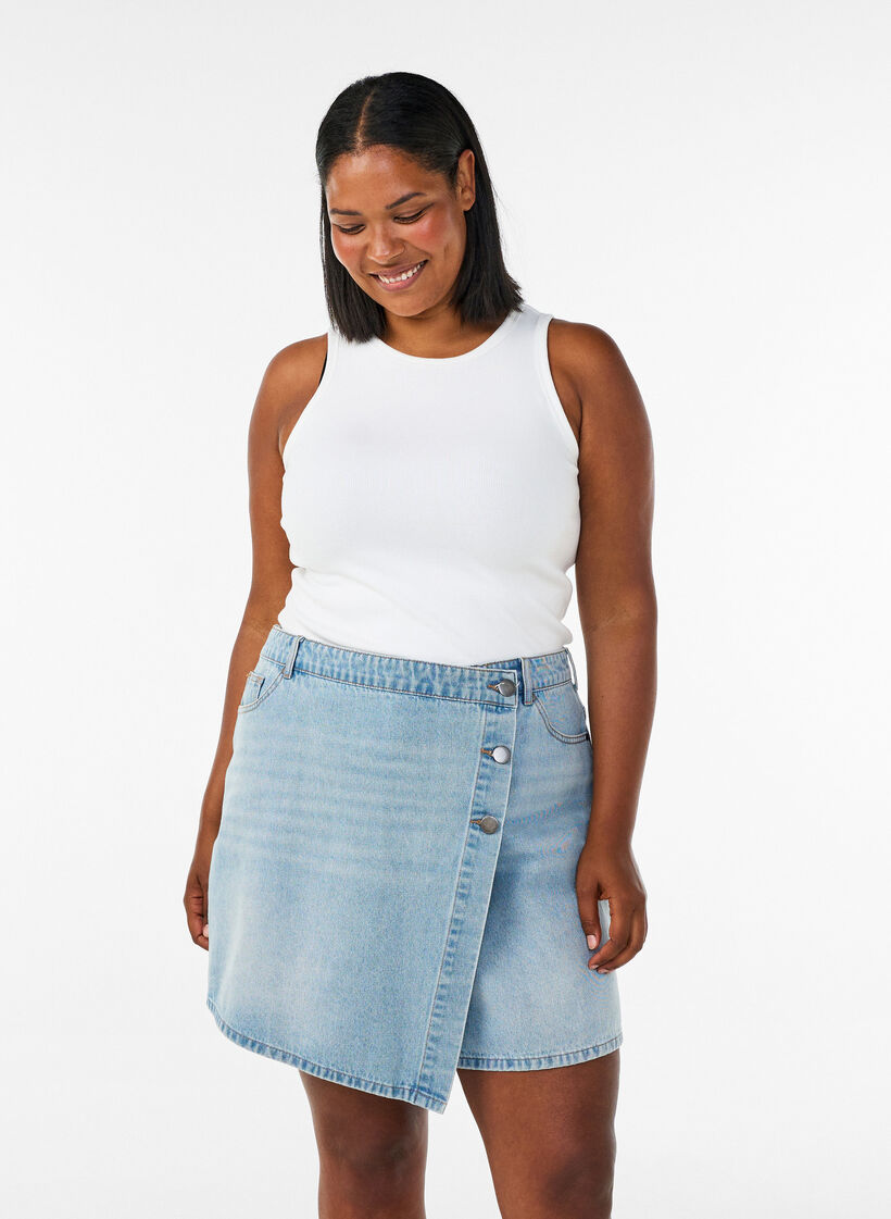 Denimskorts med omslagseffekt og h&oslash;y midje, Bl&aring;, Model image number 0