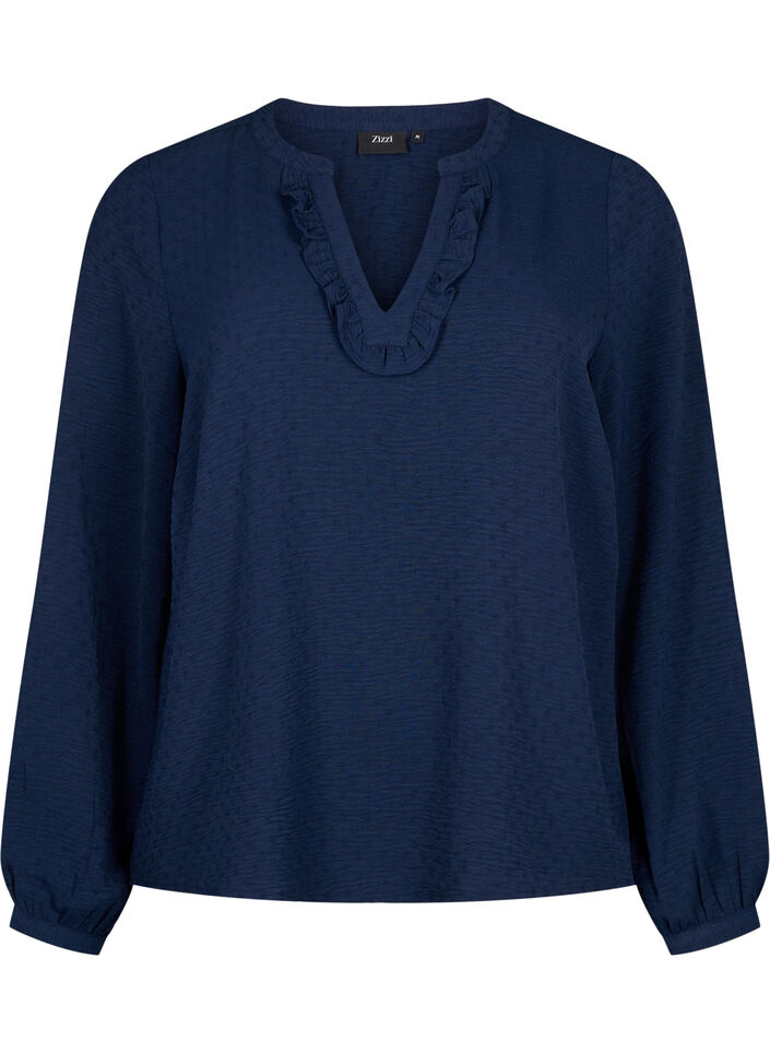 Langermet bluse med struktur, Navy Blazer, Packshot image number 0