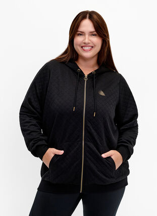 Vattert sportscardigan med hette, Black, Model image number 0