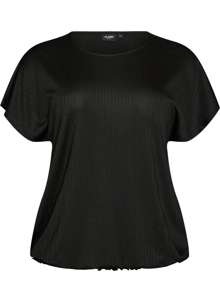 Jerseybluse med teksturerte striper og en smocket fold, Svart, Packshot image number 0