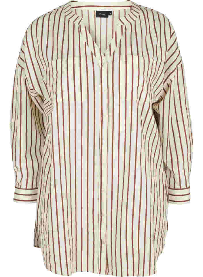 Lang stripete bomullsskjorte med V-hals, Stripe, Packshot image number 0