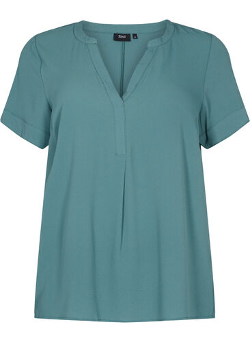 Kortermet bluse med V-hals, Mallard Green, Packshot image number 0