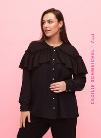 Ruffle-skjortebluse med perleknapper, Black, Model