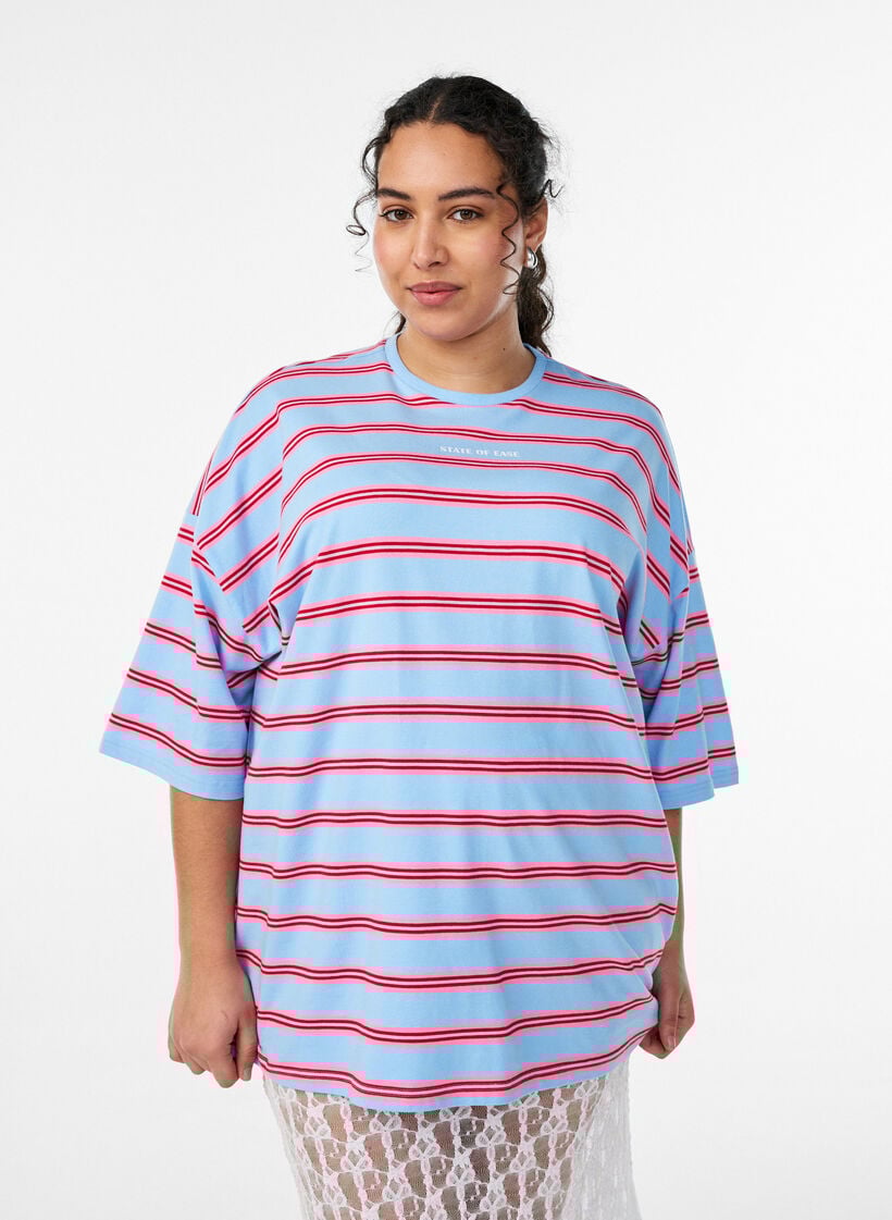 Oversized T-skjorte med striper og 1/2 ermer, Bl&aring;, Model image number 0