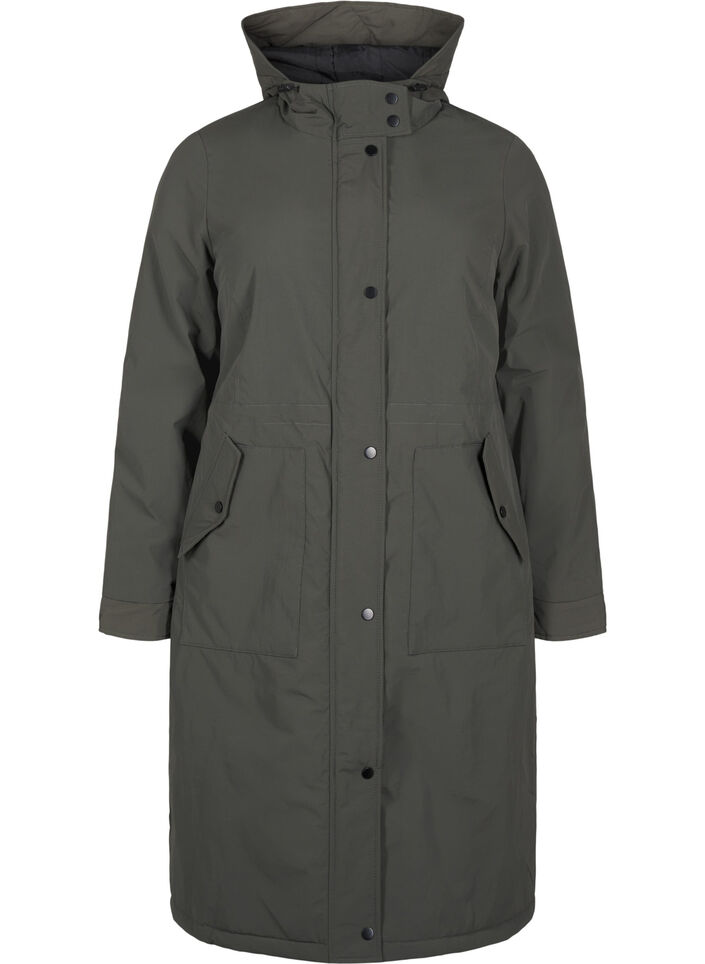 Parkas med hette og justerbar midje, Black Olive, Packshot image number 0