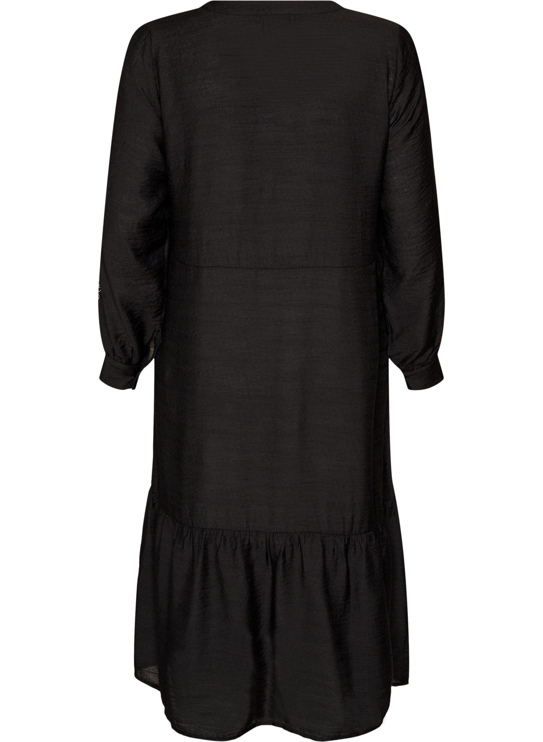 ZizziViskosekjole med broderi og lagdelte volanger, Svart, Packshot image number 1