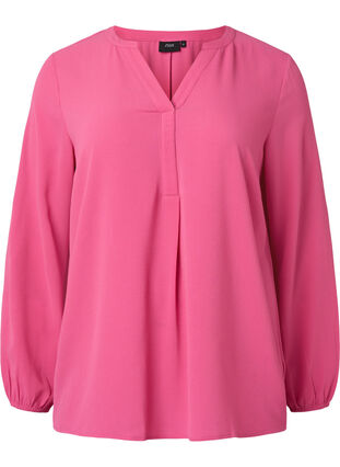 Ensfarget bluse med V-hals, Shocking Pink, Packshot image number 0