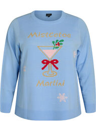 Strikkebluse med julemotiv, Bl&aring;