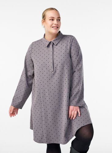 Zizzi Kort A-linje kjole med lange ermer, Grå, Model image number 0